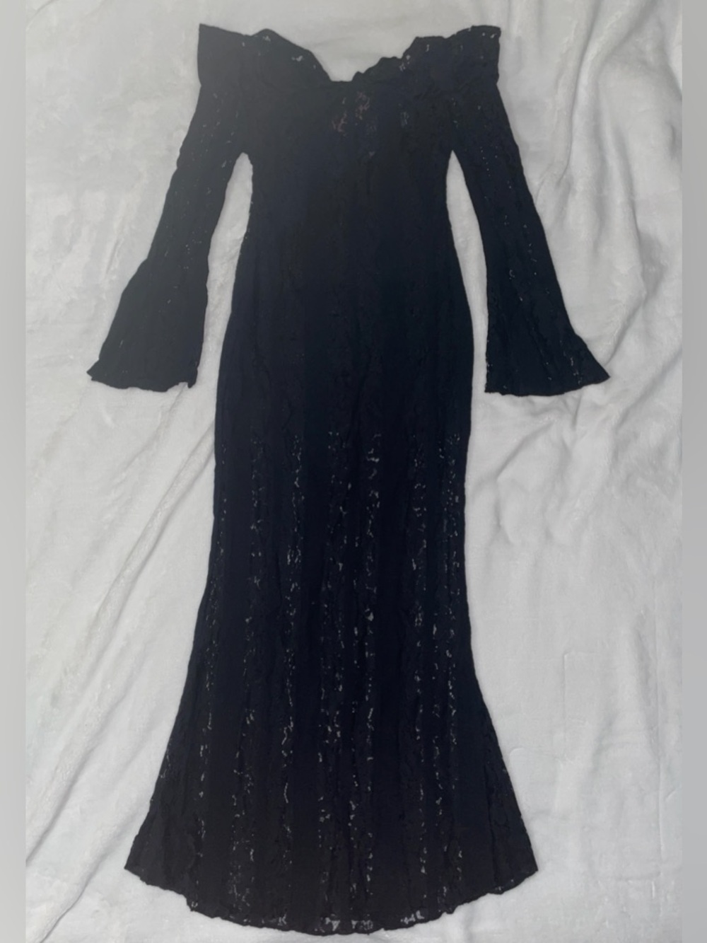 PrettyLittleThing Black Off-Shoulder Lace Maxi Gown Semi Sheer Elegant Sleeves